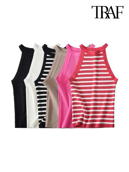 Tanques femininos traf mulheres moda listrado malha tank tops sexy sem mangas o pescoço feminino camis mujer