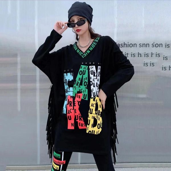 T-shirt da donna 220805 T-shirt autunno stile Hip Hop Scollo a V Big Size Manica intera Stampa Lettera Nappa Personalità Cotone Abbigliamento donna Marea