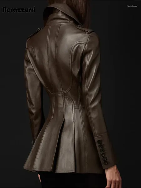 Damen-Trenchcoat aus Leder von Nerazzurri im britischen Stil in Braun für Frauen, zweireihig, Runway Fashion 2024, taillierter weicher Faux-Blazer