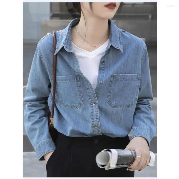 Blusas femininas de comprimento médio camisa jeans retro solto 2024 primavera outono camisas azuis y2k moda coreia em casacos topo estético