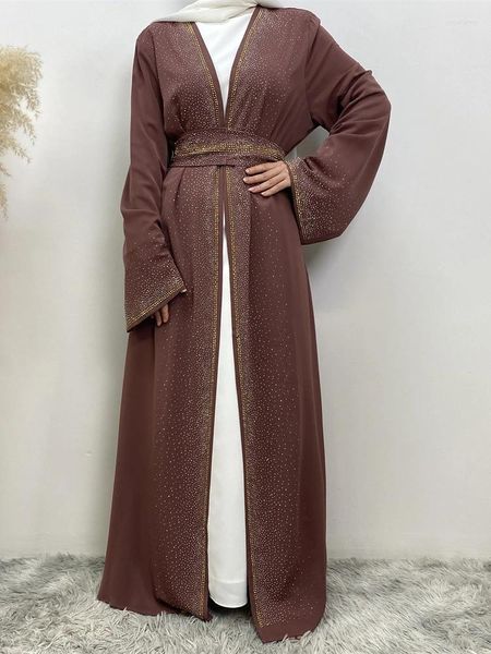 Abbigliamento etnico Eid Abaya musulmano per le donne Kimono con diamanti Abito cardigan Tasca Ramadan Abaya con lacci Caftano Dubai Arabo Abito lungo Vestido