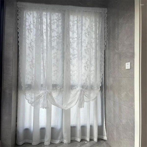 Cortina de renda boa permeabilidade ao ar protetor solar curto textura macia branco floral transparente suprimentos para casa