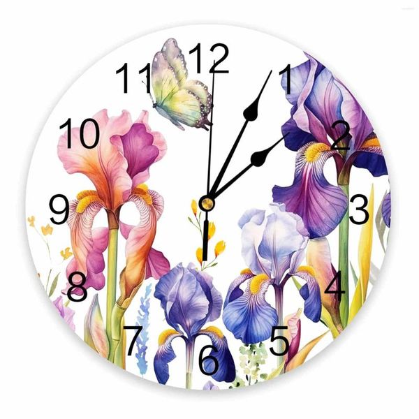 Wanduhren Ostern Iris Pflanze Schmetterling Gedruckt Uhr Moderne Stille Wohnzimmer Home Decor Hängende Uhr