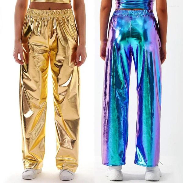 Calças femininas ouro jogging senhoras cintura alta calças mulheres streetwear hip hop pant meninas dança poliéster prata clubwear