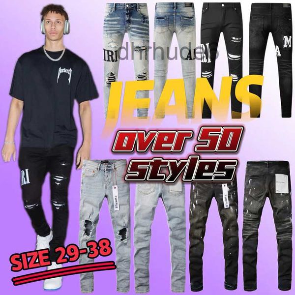 Фиолетовые джинсы Брюки Дизайнерские мужские и женские Amirs Slim Fit Джинсовые брюки с буквенным принтом Мужская уличная одежда большого размера B943