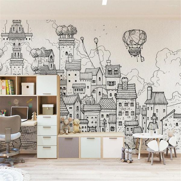 Wallpapers personalizado preto e branco casa de construção dos desenhos animados quarto das crianças papel de parede quarto da menina mural jardim de infância