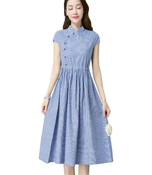 Casual Kleider 2022 Chinesischen Stil Sommer Kleid ALine Frauen Ethnische Lose Gestreiften Baumwolle Leinen Chic Vestidos De Festa1521529