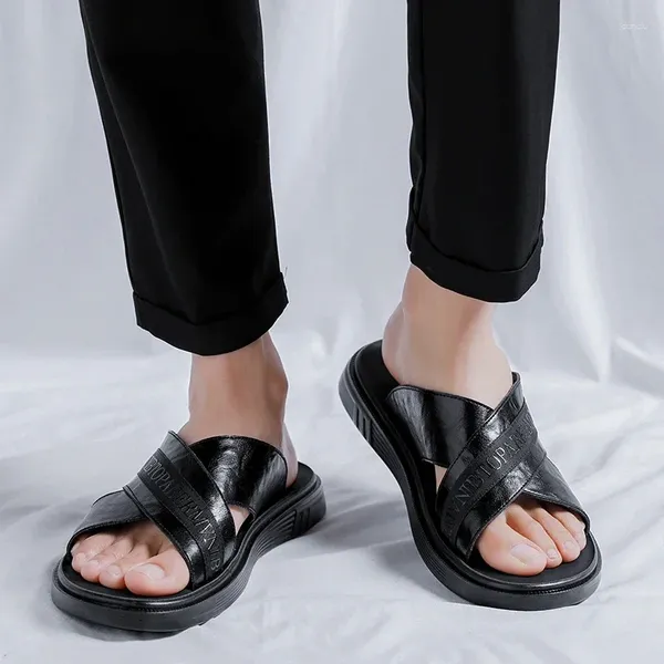 Sandali pantofole di qualità incrociata cinghia in pelle italiana alta per uomo estate el spiaggia slittamento su piatti leggeri infradito maschile 81 c