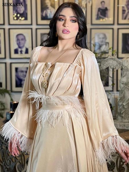 Vestidos étnicos vestidos modestos para mulheres 2024 Silk Kaftan Fashion Avestrich Feathers Painel de vestido com cinto coberto de bainha caftan caftan turco