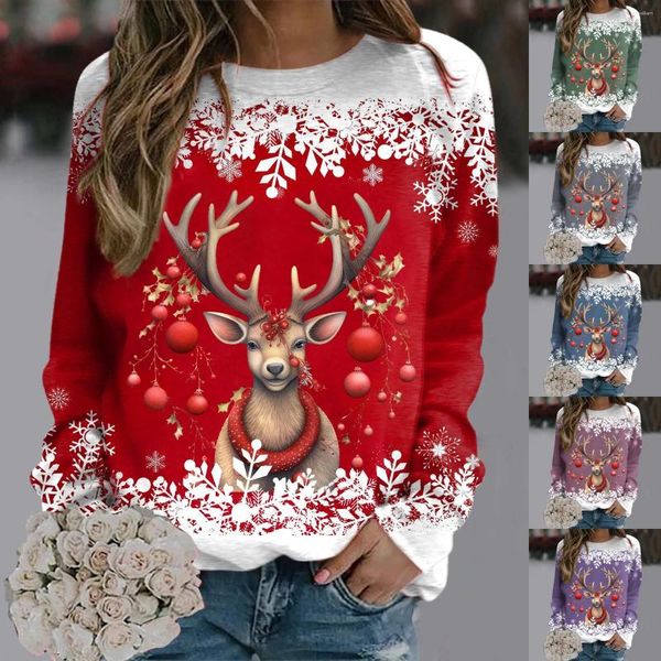 Damenpullover für Damen, weihnachtlich, für Teenager und Mädchen, langärmelig, Rundhals-Sweatshirt, niedliche Rentier-Grafik-Weihnachtshemden