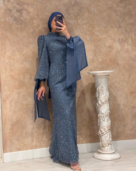 Glitter reto muçulmano vestidos de noite alta pescoço manga longa kafan vestido de baile com laço hib manguito árabe dubai formal wear 326 326