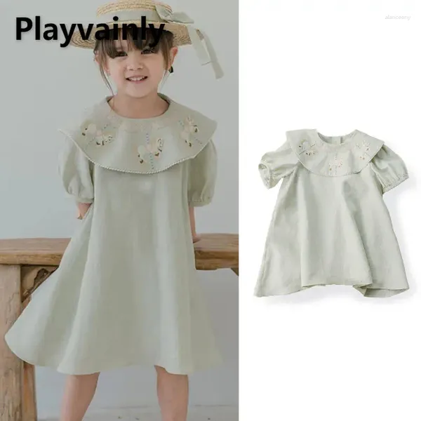 Vestidos de menina verão vestido de bebê hortelã verde bordado grande lapela manga curta moda infantil crianças roupas soltas e23304