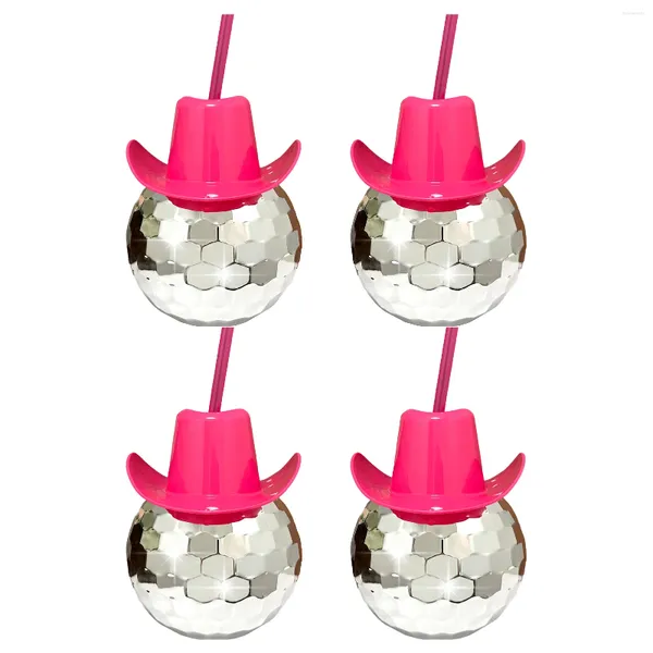 Tassen 4 Stück Single Girl Cocktail Bar mit Strohhalmen Hut Tassen Weinspiegel 70er Jahre Geburtstag Disco Ball Tanz Hochzeit Cowboy Western Pink Cowgirl