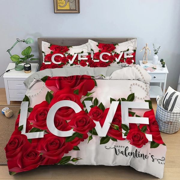 Copripiumino Queen King Rose rosse Set biancheria da letto romantica per fiori Copripiumino per San Valentino Copripiumino floreale in poliestere per coppie 240127