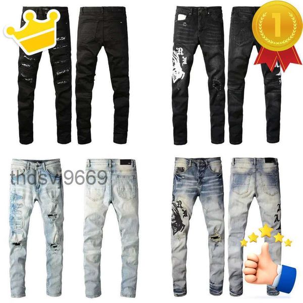 Roxo Mens Denim Designer Lágrimas Marca Ruína Empilhados Tendências Da Moda Rock Revival Calças Masculinas Preto Skinny Jeans Jean 25MD
