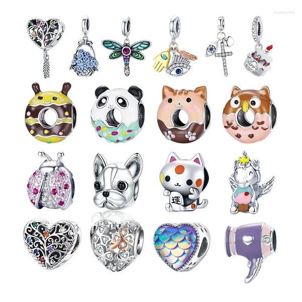 Lose Edelsteine WOSTU Echter 925er Sterlingsilber-Marienkäfer-Panda-Donut-Charm-Perlenanhänger für Original-Armband-Armreif für Damen, edler Schmuck