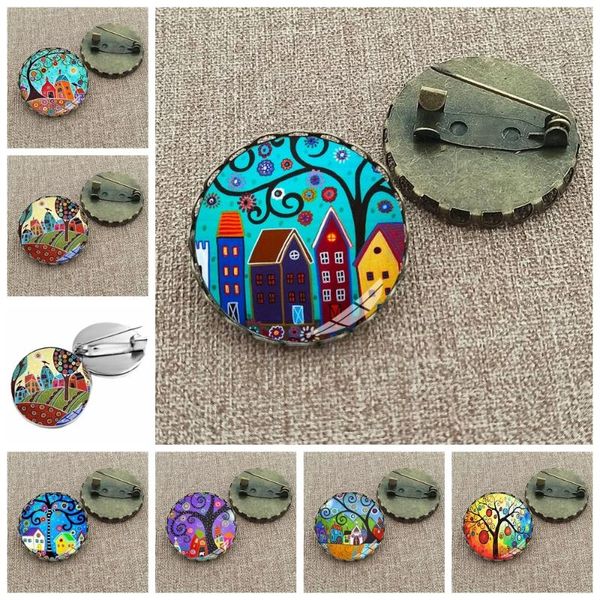 Broches coloridos casa e árvore broche pino bonito abstrato pintura a óleo cabochão de vidro dos desenhos animados pinos presentes femininos