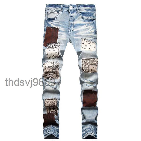 Herren Jeans Europäischen Jean Hombre Patch Männer Stickerei Patchwork Zerrissene für Trend Marke Motorrad Hose Dünne DDPQ