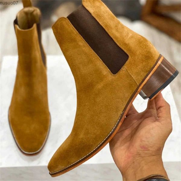 Botas masculinas chelsea botas artesanais de veludo de vaca laranja moda inverno camurça negócios casual clássico quadrado cabeça conjunto all-match sapatos masculinos