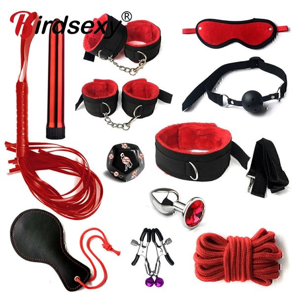 Kit BDSM Set Bondage sessuale Manette Bavaglio Frusta Morsetti per capezzoli Giocattoli erotici per donne Coppie Negozio di sesso per adulti Plug anale anale Coda 240130