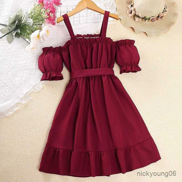 Mädchenkleider Kinder Freizeitkleid für Mädchen Sommer 2023 Neue Kinder Schulterfrei Kurzarm Rot Prinzessin Trägerkleid Modekleidung 7-14 Jahre