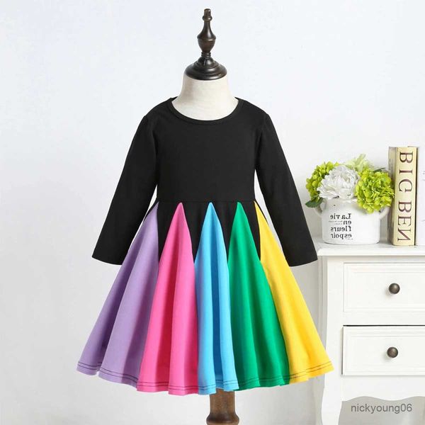 Mädchenkleider Mädchen Langarm Regenbogenkleid Winterkleid Baumwolle Casual A Word Rainbow Gestreiftes Kleid Kinderkleid Kragen Kinderkleidung