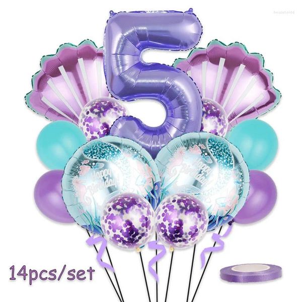 Decoração de festa Balões de aniversário de sereia Conjunto de 32 polegadas Roxo Número Shell Foil Ballon Meninas Felizes Pequeno 1º 2º 3º 4º Balão