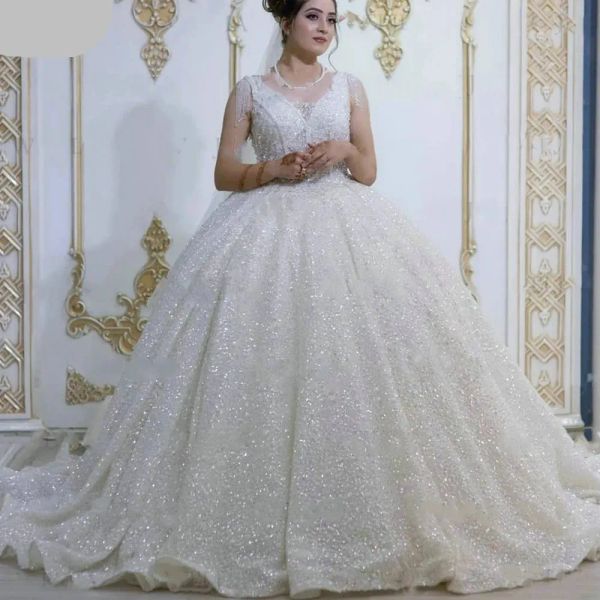 Abiti da sposa eleganti in pizzo con applicazioni di cristalli arabi Perline A-line con scollo a V Paillettes Tulle Abiti da sposa Plus Size 0202