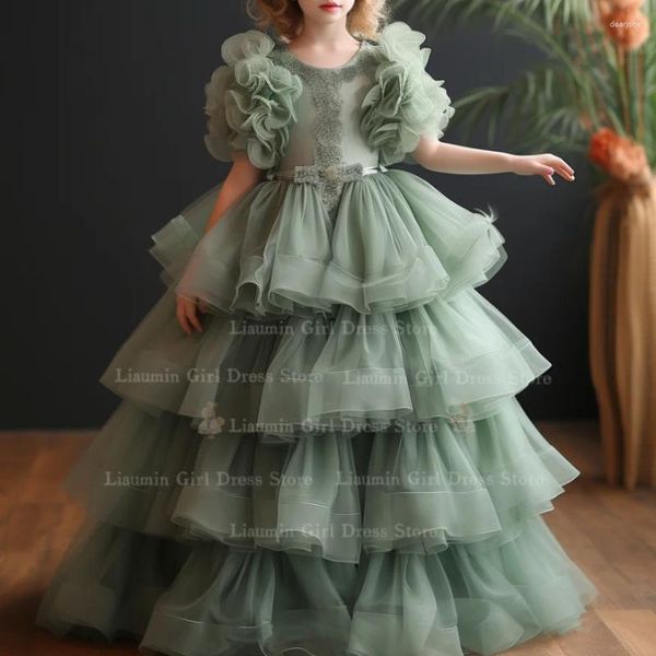 Abiti da ragazza fatti a mano in tulle verde chiaro abito da ballo a strati applique fiore per gonna da spettacolo per feste di comunione FL4-3.6