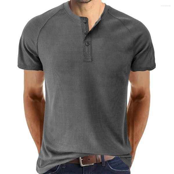 T-shirt da uomo Waffle Henley T-shirt per uomo tinta unita casual manica corta traspirante traspirante FashionTops Tee Male