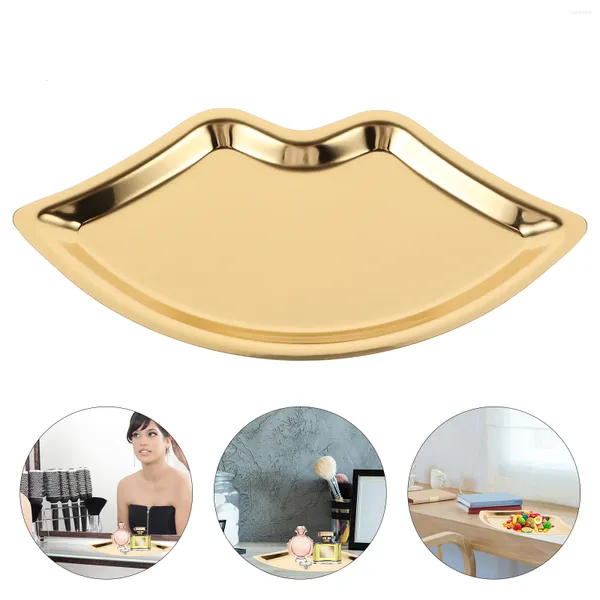 Placas decoração de ouro estilo coreano ins bandeja de armazenamento de jóias em forma de lábio acessórios de mesa estética prato de aço inoxidável menina