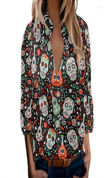 Women039s Blouses gömlekleri gevşek moda gündelik üstler şeker kafatası renkli gitar dia de los muertos basılı kadın turnown coll8498855