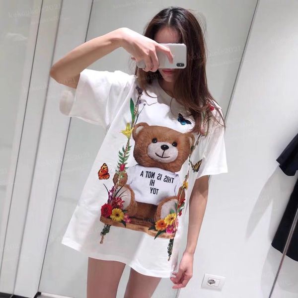 Camiseta feminina de verão dos desenhos animados urso impressão de luxo topos 100% algodão moda feminina masculina manga curta camisetas soltas e confortáveis roupas de casais