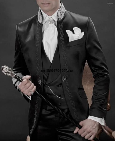 Erkek Suitler 2024 Stil Siyah Gümüş Gri Nakış Damat Smokin Groomsmen Düğün Balo Damat (Ceket Pantolon Yelek)