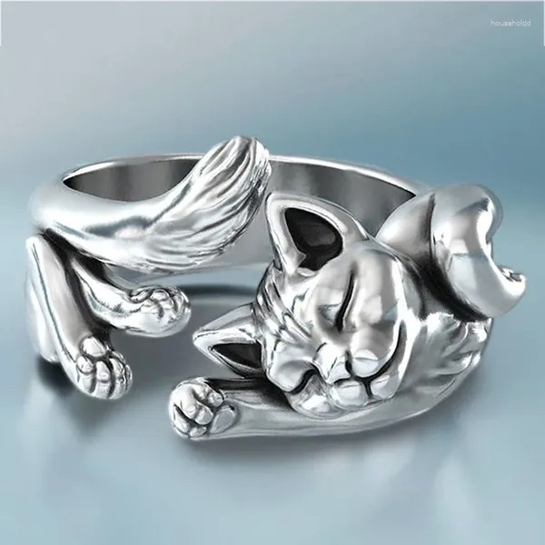 Anéis de cluster bonito gatinho anel aberto 925 prata retro preto gato totem ornamento