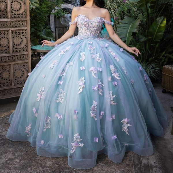 Aquablau glänzendes Ballkleid Quinceanera-Kleid 3D-Blumenapplikationen Schleife Prinzessin Tüll Vestidos de 15 Jahre Geburtstagsfeier Süßes 16-Kleid