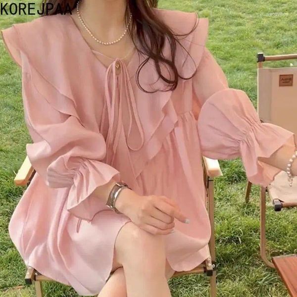 Blusas femininas korejpaa suave camisa rosa elegante estilo francês babados decote em v blusa doce outwear moda coreana roupas femininas sólidas