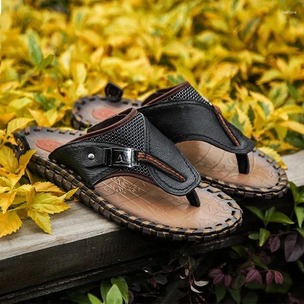 Hausschuhe Herren Leder Sandalen Handgefertigte Schuhe Casual Strand Sommer Anti-Rutsch Flip Flops Outdoor Flat