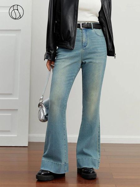 Jeans femininos dushu mulheres longo esfregando retro denim azul cintura alta sólida feminina 2024 outono queimado calças de comprimento total jean