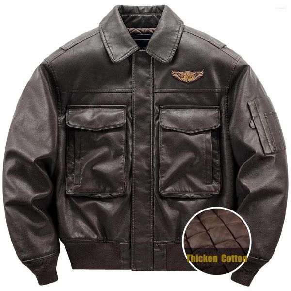 Мужские куртки, осенне-зимняя кожаная куртка с откидным воротником, хлопковая стеганая куртка в стиле ретро, утепленная мотоциклетная мужская куртка-карго