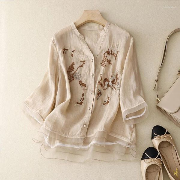 Blusas femininas camisas de linho algodão verão 2024 bordado estilo chinês solto mangas curtas topo roupas vintage ycmyunyan
