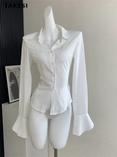 Camicette da donna Ragazza Sexy Slim Bianco Nero Camicia di chiffon Colletto rovesciato Manica svasata Tunica Fasciatura Design Autunno Inverno 2024