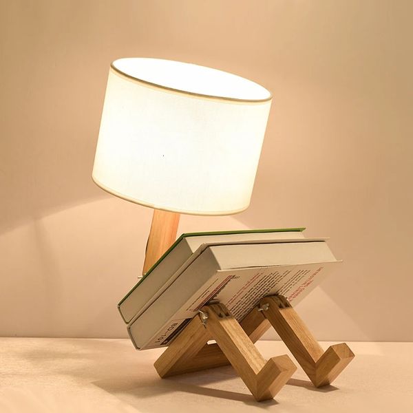 Forma de robô de madeira criativo candeeiro de mesa estudo interior moda leitura mesa nórdico moderno desktop decorativo luz da noite 240125