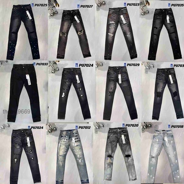 Pantaloni skinny dritti slim da motociclista strappati firmati da uomo di jeans viola Pantaloni vintage di marca True Stack Fashion Trend 4APY