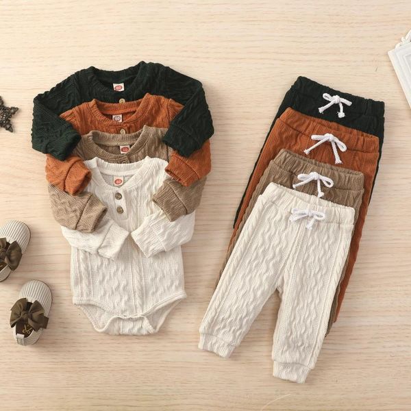Giyim Setleri Bebek kız romper üst pantolon takım elbise uzun kollu yuvarlak boyun düğmesi kazak örgü rahat pantolon