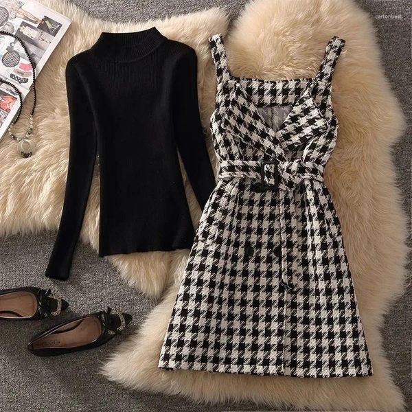 Abiti da lavoro Abito vintage con gilet senza maniche pied de poule da donna Set da 2 pezzi Elegante canotta doppio petto con cintura Abito nero maglione femminile