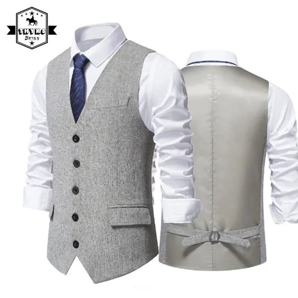 Casual lapela mistura de algodão colete masculino inglês cavalheiro formal fino ajuste terno colete masculino sólido negócios padrinho casamento 240125