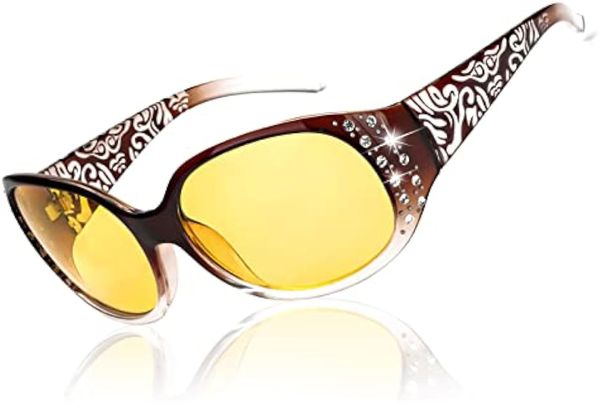 LVIOE Night-Vision Driving Glasses Wrap Around Anti Glare with Polarized Yellow Lens for Women