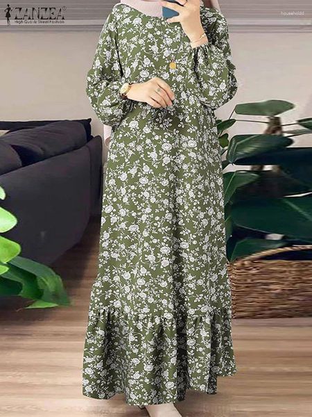 Roupas étnicas Vintage Floral Impresso Vestido Muçulmano Mulheres Manga Longa Ruffles Maxi Sundress ZANZEA Robe Femme Dubai Turquia Abaya Hijab