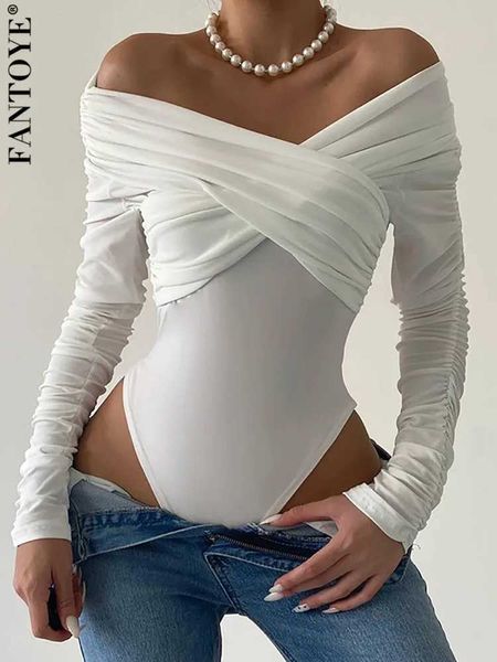 Kadın Tulumları Saldıranlar Fantoye Seksi Omuz Dürüklü Kadınlar Bodysuit Beyaz Uzun Kollu Yüksek Bel Bodysuit Kadın Sonbahar Sıska Moda Giyim 2023 J240202